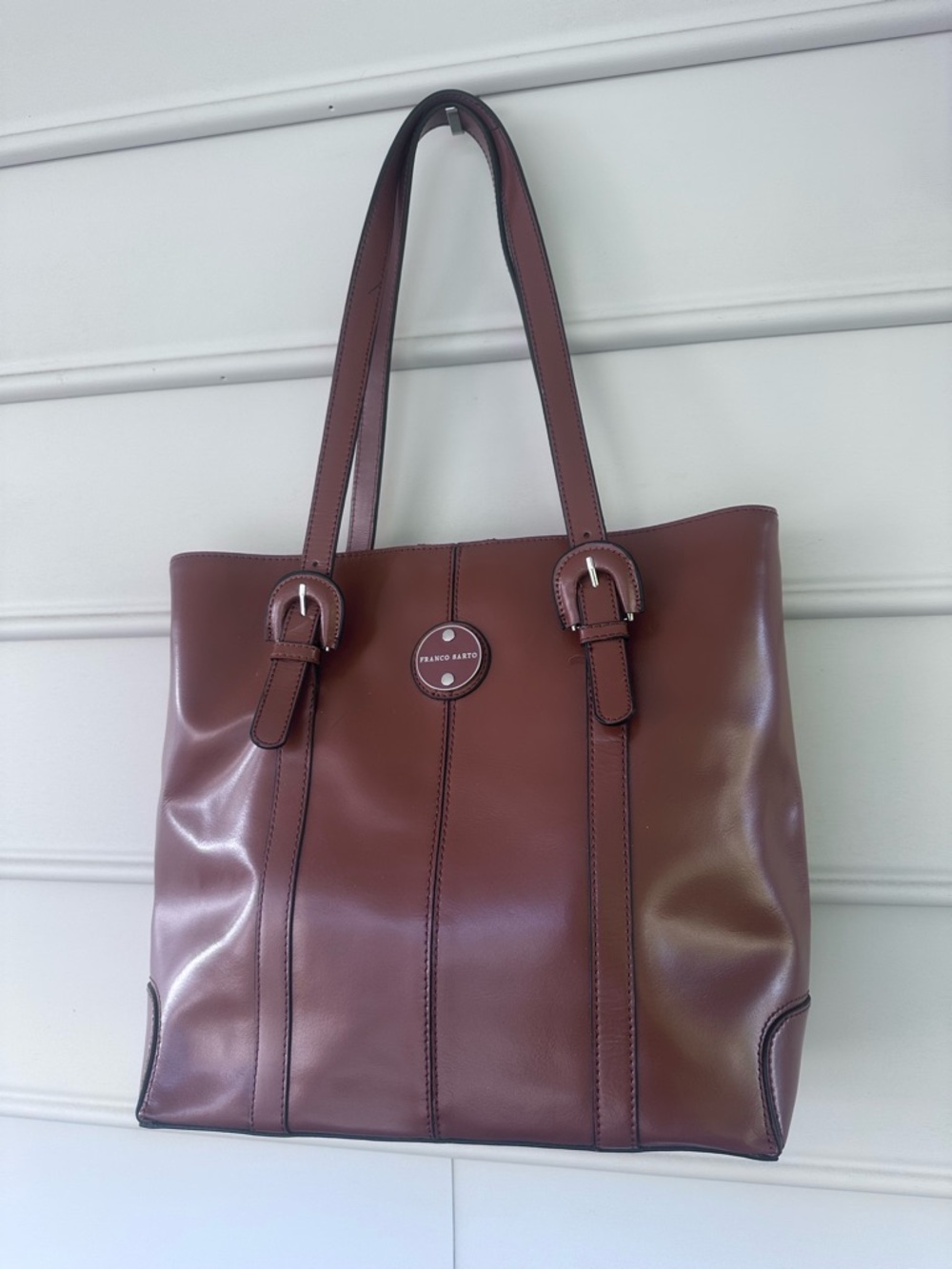 Franco Sarto Chocolate Brown vinyl Tote with Buckle Straps